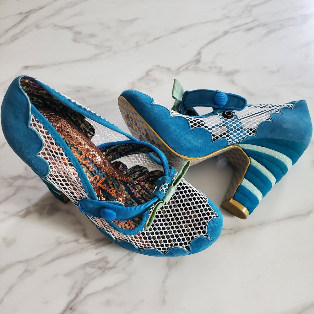 VTG Irregular Choice Blue/White Mesh Heels 7.5 Alice In Wonderland Avant Garde